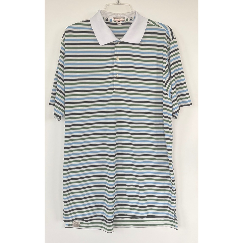 Peter Millar Men XL Summer Comfort Blue Green Stripe Golf Polo Shirt Performance